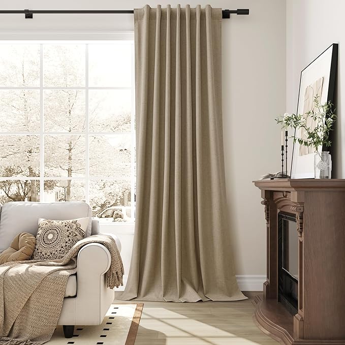 Guken Khaki Linen Room Darkening Curtains for Dining Room 108 Inches Long Nature Textured Back Tab Light Blocking Thermal Insulated Curtains Hook Belt Patio Door Drapes 2 Panel Set 52x108 9FT
