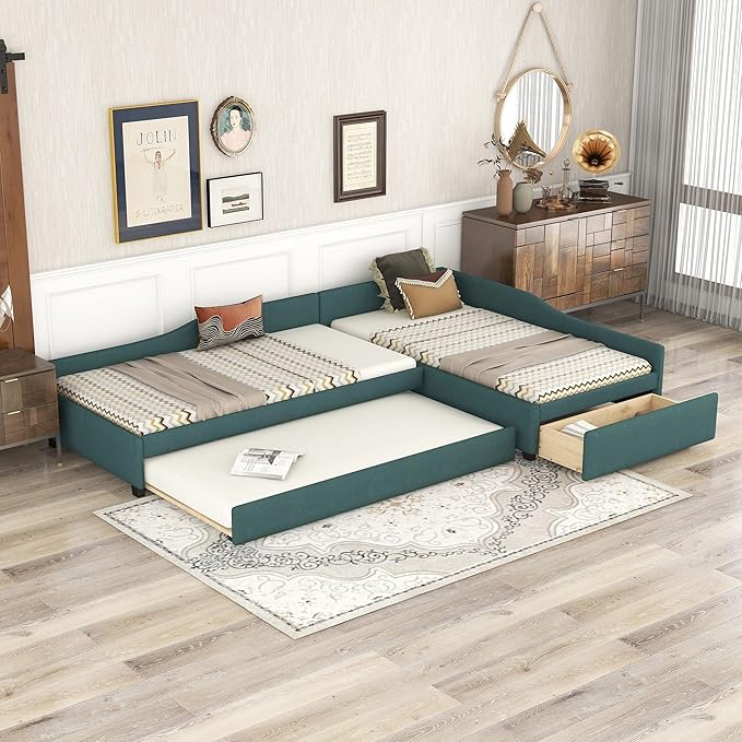 Bellemave L-Shape Platform Bed Twin Size Upholstered Daybed with Trundle and Storage Drawer Linen Corner Day Bed Frame for 3 Kids Boys Girls Teens, Green