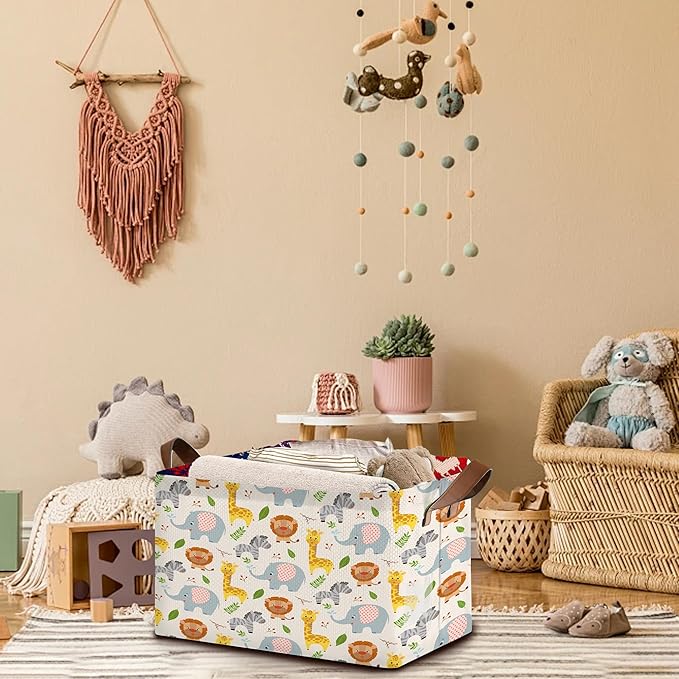 Cute Animal Storage Basket Large 17x11.5x10.5 Inche-Collapsible Fabric Organizer Bin with Handles for Nursery, Kids Room, Toys-Foldable Decorative Hamper with Adorable Animal Print-Single Pack