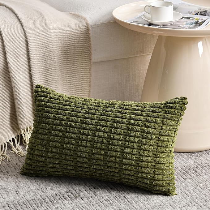 Fancy Homi 2 Packs Boho Moss Green Decorative Throw Pillow Covers 12x24 Inch for Couch Bed Sofa, Rustic Modern Farmhouse Home Decor, Soft Plush Corduroy Cute Rectangle Cushion Case 30x60 cm