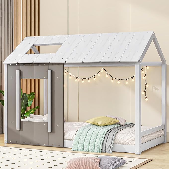 Twin Size House Platform Bed with Roof and Window,Modern Bedroom Wood Bed Frame W/No Box Spring Required,Easy to Install,for Girl Boy Kid,White+Antique Grey