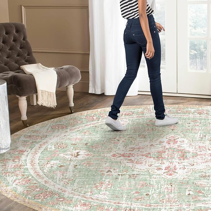 Vhong Boho Area Rugs Vintage Washable Modern Neutral Carpet Green and Pink 9×9 High Traffic Round Rugs for Dinning Room Living Room Bedroom Farmhouse Non Slip