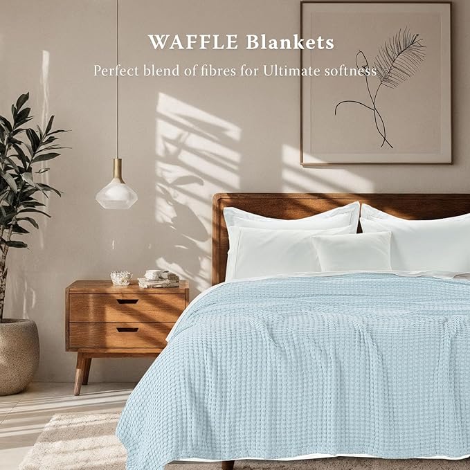 Threadmill Cooling Cotton Waffle Queen Size Blanket | Breathable, Lightweight & Ultra-Soft | Made from Rayon Derived from Bamboo| Cooling Throw Blanket for Couch and Sofa| 90 x 92 Inches | Light Blue
