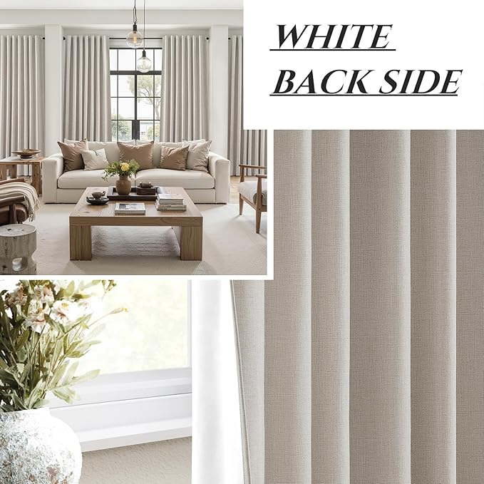 100% Blackout Curtains 80 Inch Length 2 Panels Set Farmhouse Style for Bedroom Windows/Living Room Thermal Insulated Neutral Boho Drapes Linen Blend Natural Long Hook Belt Pleated/Back Tab 50"W x 80"L