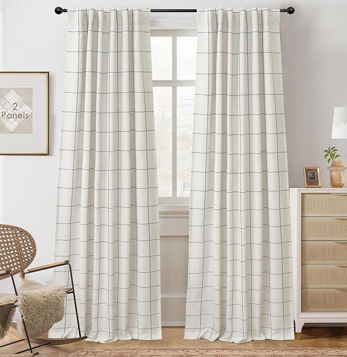 DriftAway 2 Panels 100% Blackout Windowpane Plaid Linen Curtains Double Layer Drapes for Bedroom 96 Inches Long Farmhouse Thermal Insulated 3.25 Inch Rod Pocket Back Tab for Living Room Gray