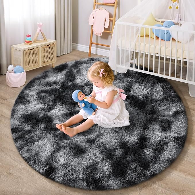 EVOIONOS Tie-Dyed Dark Grey Round Rug Living Room, 6x6 Ft Fluffy Soft Circle Area Rugs Bedroom, Plush Shaggy Circular Carpet Indoor Floor Bedside Kids Nursery, Machine-Washable Home Decor Aesthetic