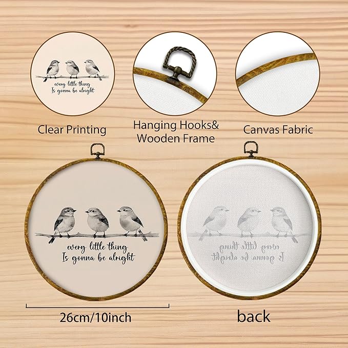 Hiuwevt Bird Round Wall Art Decor, Neutral Rustic Positive Quotes Hanging Canvas Prints Artwork Framed, Every Little Thing Is Gonna Be Alright Circular Wall Decor for Home Room, 10x10 Inch