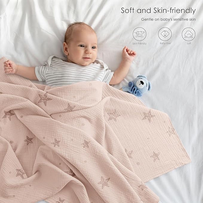 Bearmoss Muslin Swaddle Blankets, 40 x 38 inches Baby Swaddle for Boys and Girls, Soft Baby Blanket, 3 Pack Breathable Nursery Receiving Blankets (Pink Star)
