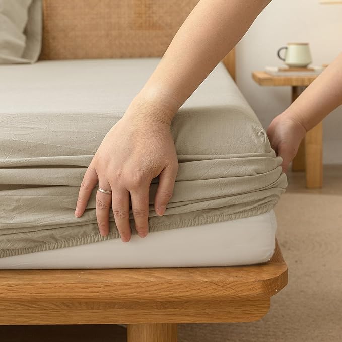 BESTOUCH Sheet Set 100% Washed Cotton Linen Feel Super Soft Comfortable Chic Lightweight 4 Pcs Home Bedding Set Solid Almond Milk Grey King