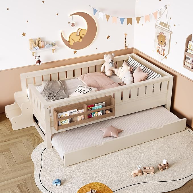 Bellemave Twin Bed with Trundle Twin and Stairs, Twin Size Platform Bed Frame with Fence and Bookshelf, Easy Assemble Beds for Kids, Girls, Boys, Beige