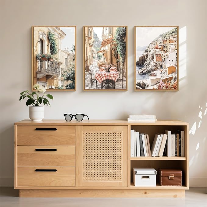 HLNIUC Vintage Italy Street Wall Art Set of 3, the Mediterranean Italian Countryside Wall Decor(24x36), Modern Cityscape Coastal Town Nature Scenery Canvas Painting for Living Room, Bedroom, Office