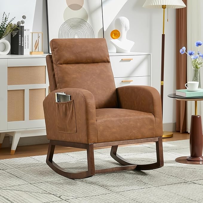 Rocking Chair Nursery, Modern Upholstered Glider Rocker with Side Pocket, Upholstered Lounge Chair with Solid Wood Base for Relaxin, for Living Room, Bedroom