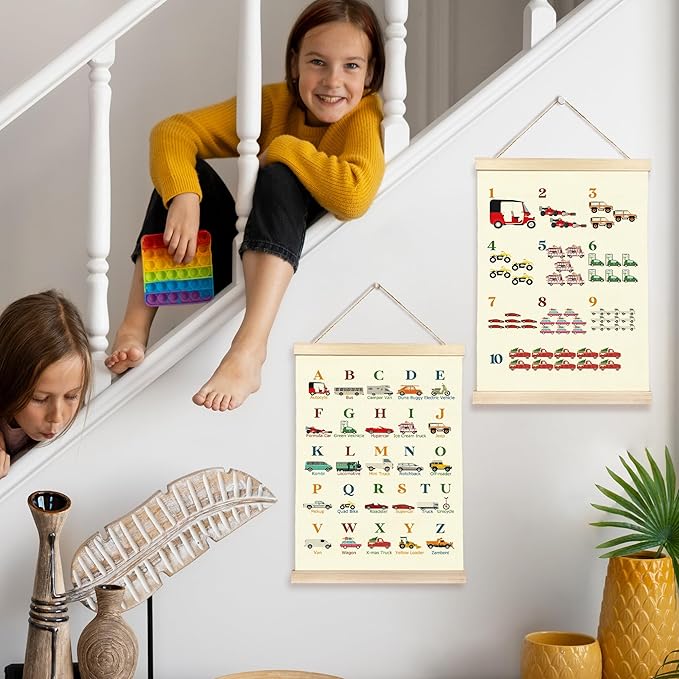 Hiuwevt Transportation Alphabet Numbers Poster Hanger Frame, Nursery Wall Decor, Vehicle ABC 123 Educational Wall Art Decor for Classroom Kids Room Home, 12x16 Inch Set of 2
