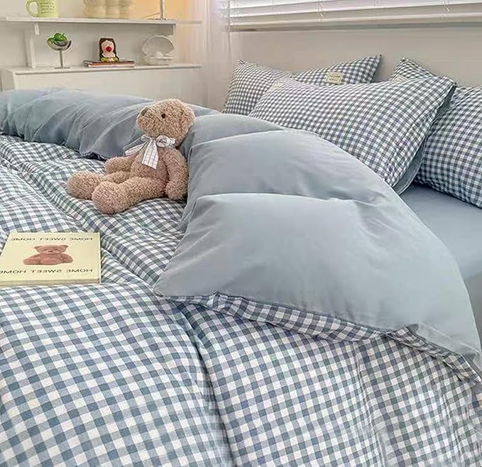 Gingham Duvet Cover Queen Size Blue Striped Bedding Set 3Pcs Kids Boys Girls Geometric Stripes Grid Lattice Soft Breathable Microfiber Comforter Cover with 2 Pillowcases