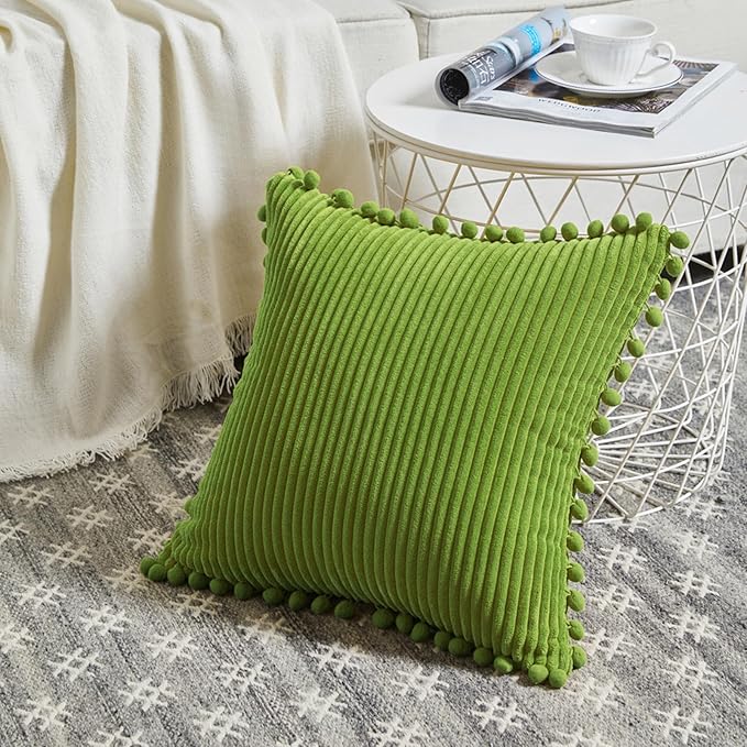 Fancy Homi Pack of 2 Lime Green Decorative Throw Pillow Covers with Pom-poms, Soft Corduroy Solid Square Cushion Cases Set for Couch Sofa Bedroom Car Living Room (20x20 Inch/50x50 cm, Lime Green)