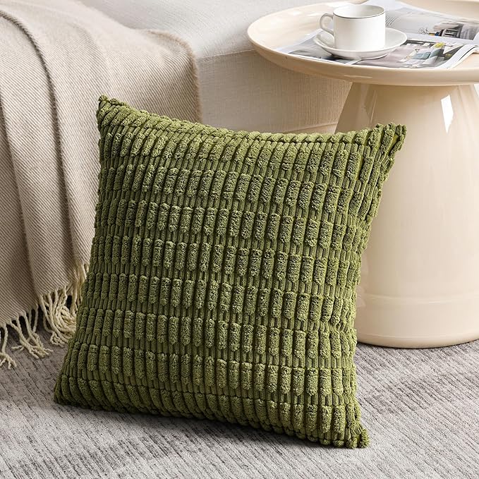 Fancy Homi 2 Packs Boho Moss Green Decorative Throw Pillow Covers 16x16 Inch for Couch Bed Sofa, Rustic Modern Farmhouse Home Decor, Soft Plush Corduroy Cute Square Cushion Case 40x40 cm