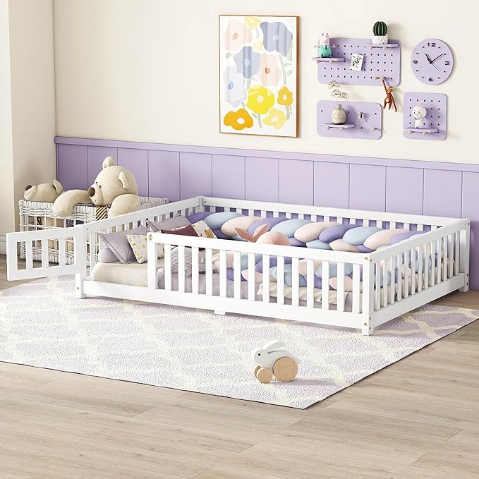Full Size Floor Bed with Fence and Lockable Door, Wood Montessori Bed Frame with Slat Support for Kids,Boys,Girls,Easy Assembly, White
