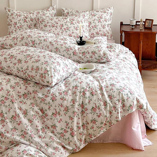 HighBuy Cute Floral Duvet Cover Twin Girl Ultra Soft Cotton Coquette Comforter Cover with Zipper Ties,Garden White Pink Floral Bedding Collection Twin,Extra Soft Floral Bedding Set 3 Piece