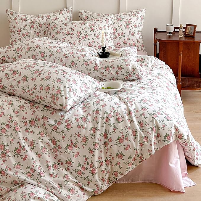 HighBuy Aesthetic Floral Duvet Cover Queen Size 3 Piece Soft Cotton Pink Floral Bedding Set Queen,Garden Coquette Comforter Cover Breathable,Boho Beige Duvet Cover Queen,2 Pillowcases