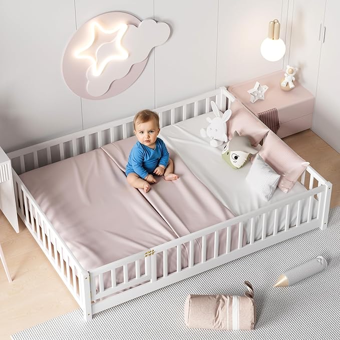 i-POOK Queen Floor Bed for Children, Sturdy Wood Montessori Bed Frame with Wood Slats, Fence & Door, Montessori Floor Bed for Girls and Boys, White