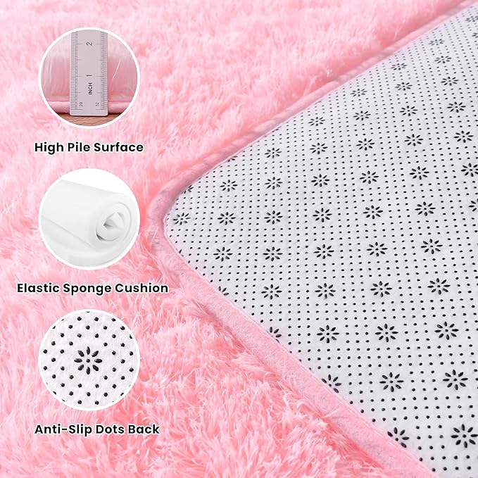 3x5 Fluffy Pink Area Rug - Soft Cute Shag Fuzzy Rug for Bedroom - Anti-Skid Living Room Girls Rug Pink Home Decor