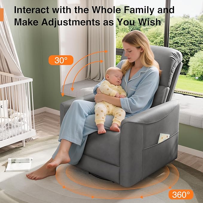 Power Swivel Rocker Recliner, 360° Swivel Nursery Rocking Chair, PU Leather Glider Rocking Recliner, Infinite Position Electric Chair for Adults with USB Port for Living Room, Dark Gray