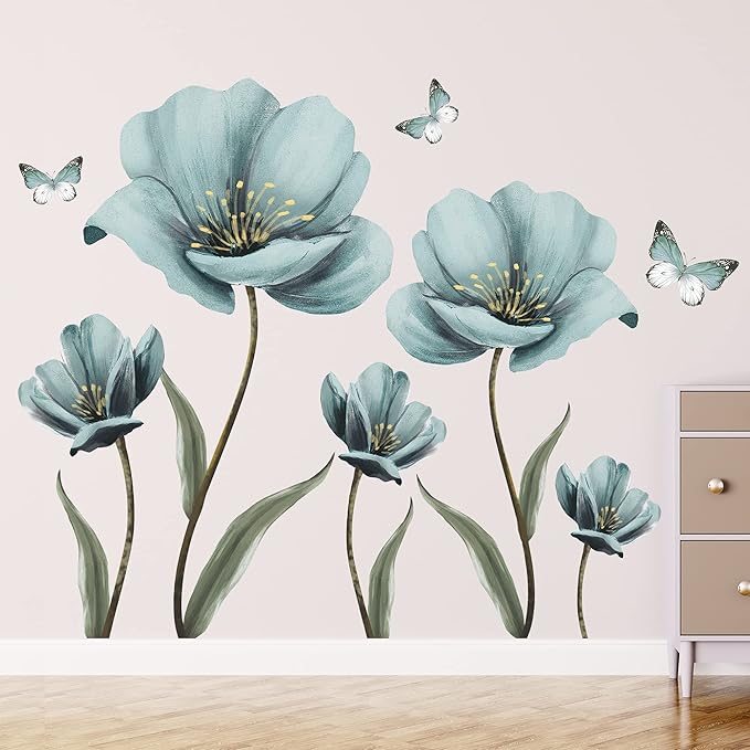 Dreamy Blue Flower Wall Stickers Creative Painted Butterflies Wall Decals Romantic Painting Art Decor Vinyl Removable Peel and Stick for Living Room Nursery Bedroom Office Bathroom Wall Decoration