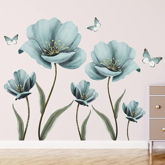 Dreamy Blue Flower Wall Stickers Creative Painted Butterflies Wall Decals Romantic Painting Art Decor Vinyl Removable Peel and Stick for Living Room Nursery Bedroom Office Bathroom Wall Decoration