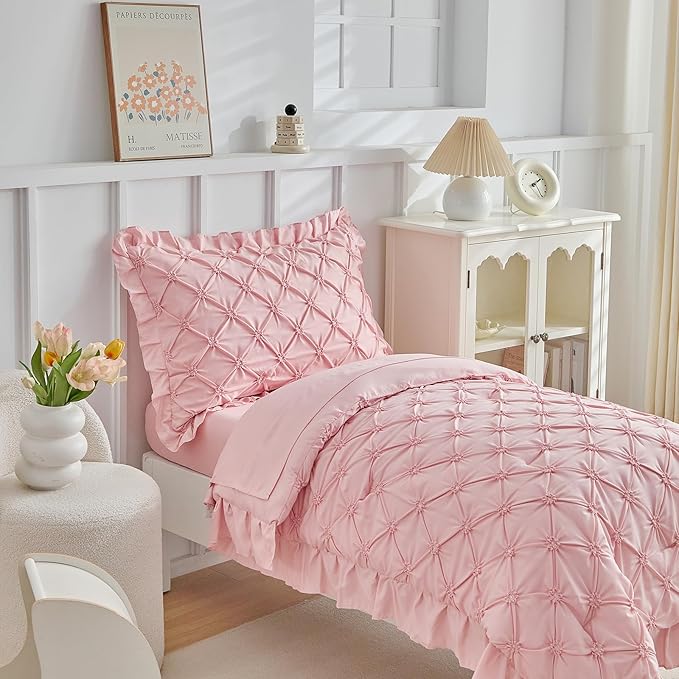 DuShow Princess Toddler Bedding Set for Girls,4 Pieces Ruffles Toddler Bed Set,Ultra Soft Kids Pink Sheet Set Includes Comforter,Flat Sheet,Fitted Sheet and Pillowcase