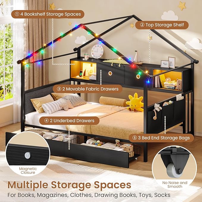 Hasuit Corner Twin House Bed Frame with Storage Drawers & Bookcase, House Shaped Metal Beds with Charging Station & LED Light, Corner Bed with Upholstered Headboard, Twin Size Bed for Kid Teens, Black