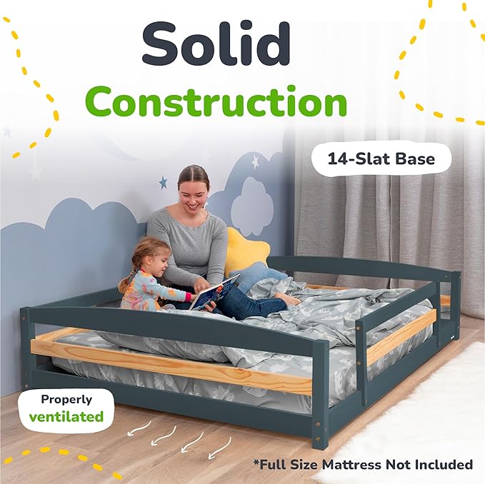 Ocodile Full Size Montessori Floor Bed for Kids - Strong Slatted Bed Frame with Full Rails - Ideal for Little Girls and Boys - Gray