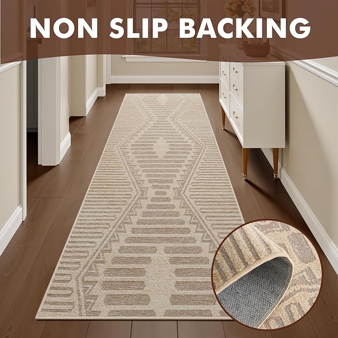 Boho Beige 2x8 ft Runner Textured Tufted Rugs for Hallway Kitchen Bedroom Entryway Long Non Slip-Carpet Washable Cream Neutral Modern Geometric Moroccan Aztec Rug