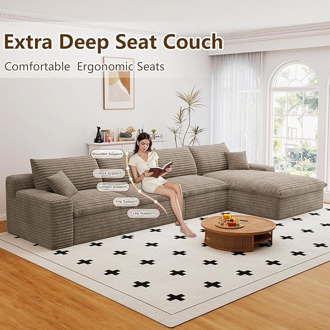 Cloud Sectional Couch,136 Inch Modular Sectional Sofa with Deep Seat, Modern Corduroy Boneless Couches with L-Shape Chaise for Living Room Bedroom, No Assembly Required (Camel, Right Facing Chaise)