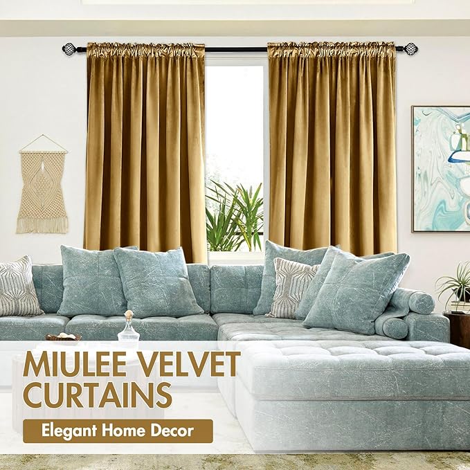 MIULEE Gold Velvet Curtains Thermal Insulated Blackout Curtain Drapes for Bedroom Living Room Darkening 84 Inches Long Curtains Panels Rod Pocket Set of 2