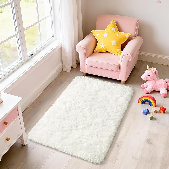 Merelax Fluffy Rug Shaggy Area Rug, Ivory/Cream 2x4 Area Rugs for Bedroom, Small Kids Bedside Rug, Soft Non-Slip Entryway Throw Rugs for Living Room Bedroom Nursery Room Home Decor Aesthetic