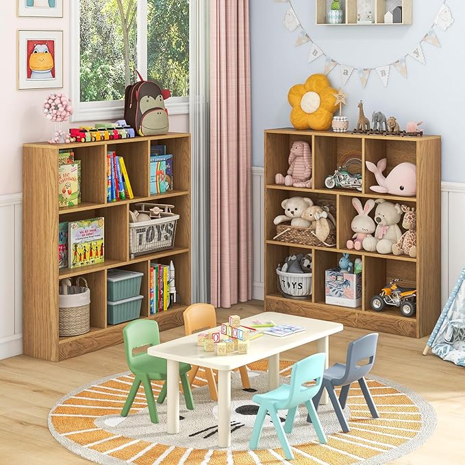 Costzon 8-Cube Bookshelf for Kids, Wooden Toy Storage Organizer w/ 2 Anti-Toppling Kits, 3 Tier Open Shelves & Non-Slip Foot Pads, Montessori Toy Shelf for Kids Rooms, Playroom, Classroom, Nursery