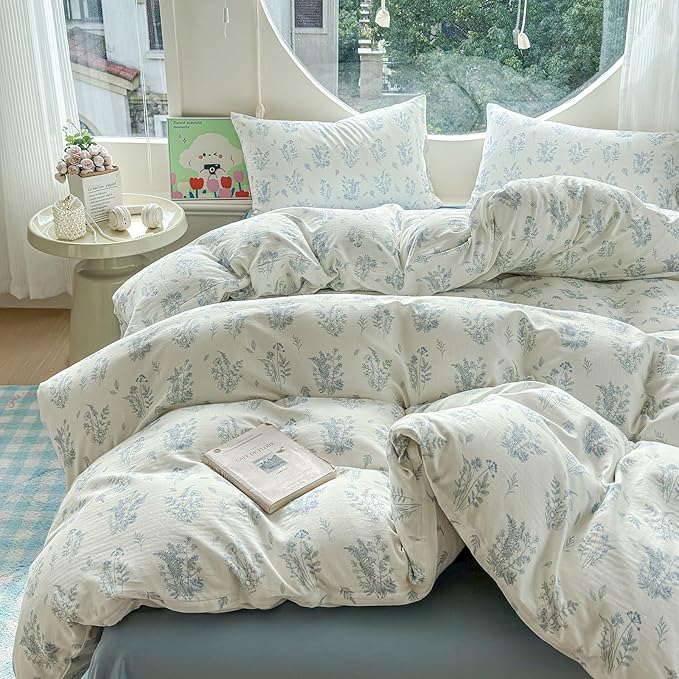 LifeTB Muslin Duvet Cover Set Queen Vintage Botanical Floral Duvet Cover 100% Cotton Linen Feel Flower Bedding Set Super Soft Gauze Comforter Cover Breathable Lightweight Cottagecore Bedding Set