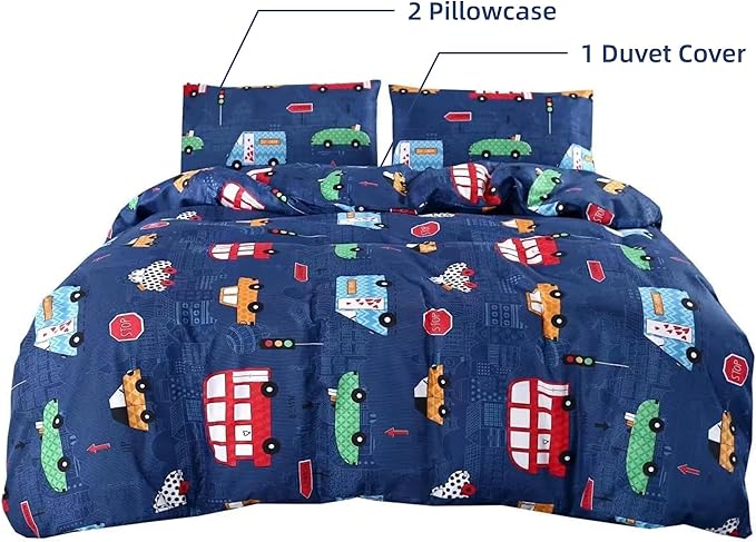 MAG 3Pcs Car Cute Zipper Beddy Duvet Cover Set,Transportation Vehicle Kawaii Bedding Full Size,Soft Microfiber, for Kids, Teens,Toddlers and Boys, No Comforter Inside