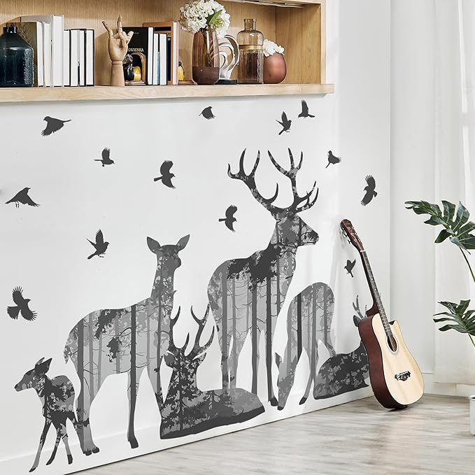 2 Sheets Forests Silhouette Animals Wall Decals Removable Wild Elk Tree Wall Decals Peel and Stick Vinyl Birds Wall Art Decor for Children Nursery Bedroom Living Room Wall Corner Decor