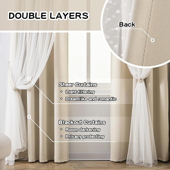 MYSKY HOME Beige 70% Blackout Curtains for Girls Bedroom & Living Room Nursery Kids Cute Double Layer Curtains with Sheer Overlay, Grommet Tops, 52x95 Inch Each Panel, 2 Panels