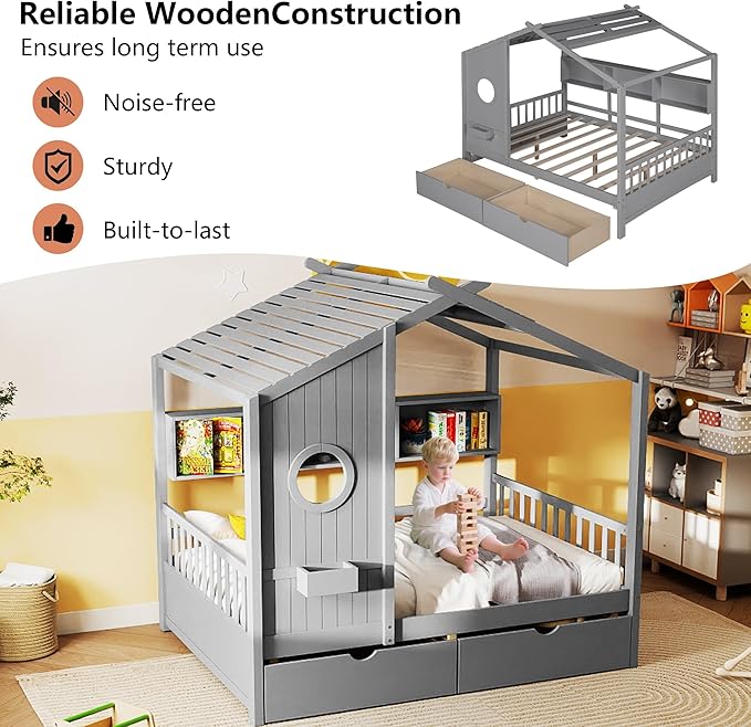Aoowow Twin Size House Bed with Storage Shelves and Drawers, Wood Platform Kids House Bed with Window and Roof for Bedroom, Twin Playhouse Bed Frames for Boys Girls, Can be Decorated, Grey
