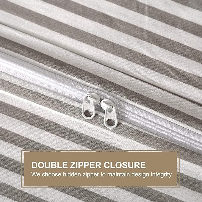 JELLYMONI Duvet Cover, 100% Natural Cotton, Printed Comforter Cover with Zipper Closure and Corner Ties (King XL 108×98 Inch, White Duvet Cover Set with Grey Stripes Pattern)