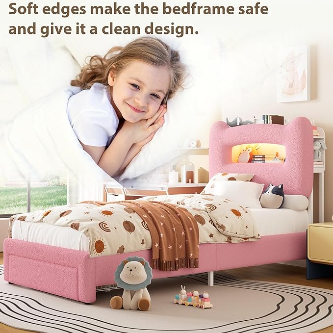 GarveeHome LED Twin Bed Frame with 2-Tier Storage Headboard, Upholstered Platform Bed with Charging Station and Drawer for Kids/Girls/Boys, Heavy Duty Metal Support, No Box Spring Needed, Pink