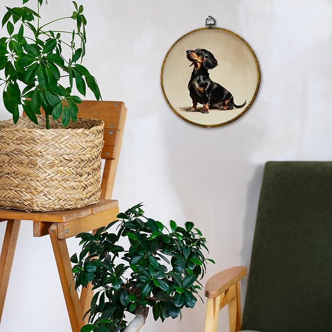 Hiuwevt Vintage Dachshund Round Wall Art Decor, Dachshund Lovers Gifts Framed Canvas Prints, Wiener Dog Gifts Round Wall Hanging Decor for Bedroom Home Living Room Decorations, 10x10 Inches