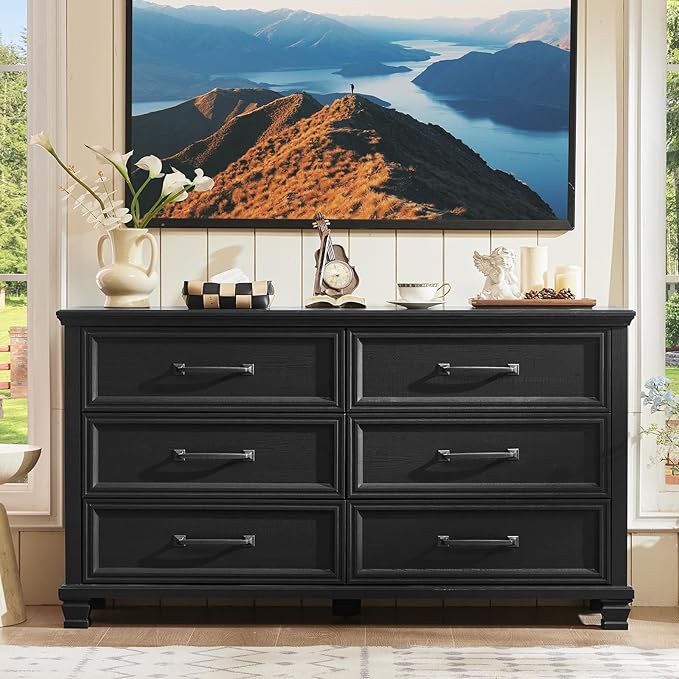 Farmhouse 6 Drawer Dresser for Bedroom, 54 inch Wide Rustic Vintage Chest of Drawers with Square Solid Wood Legs, Large TV Stand for Living Room, Wooden Storage Dressers for Hallway, Black