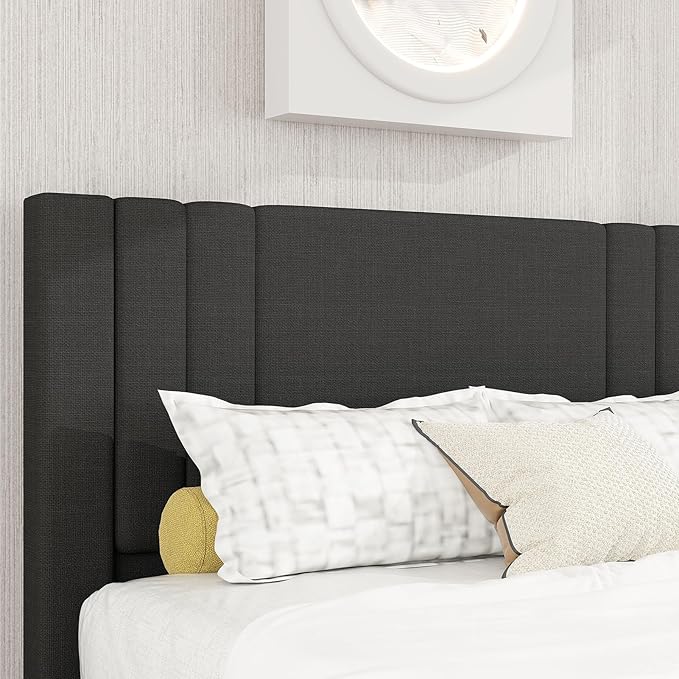 Tyndall Queen Size Bed Frame, Linen Fabric Upholstered Platform with Headboard