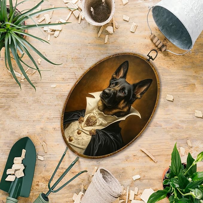 Hiuwevt Vintage German Shepherd Oval Wall Art Decor, German Shepherd Gifts Framed Canvas Prints, Renaissance Style Dog Oval Wall Hanging Decor for Bedroom Living Room Decorations, 8.6x11.4 Inches