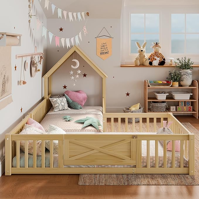 Harper & Bright Designs Twin Size House Shaped Double Floor Bed with Door and Full-Length Guardrails, Solid Wood Kids Montessori Floor Bed for Girls Boys, Multi-Function, Natural