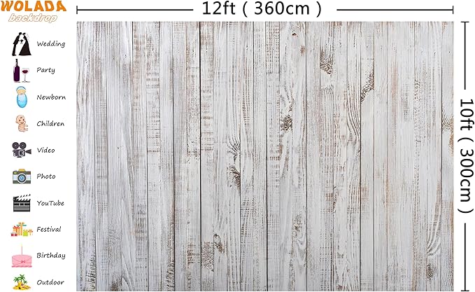 WOLADA 12x10FT Vintage Wood Backdrop Retro Rustic White Gray Wooden Floor Backdrops for Photography Kids Adult Photo Booth Video Shoot Vinyl Studio Prop 11890