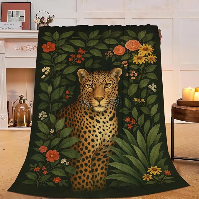 Cheetah Tropical Leaves Blanket Leopard Throw Blanket Soft Cozy Fleece Fuzzy Plush Warm Stuff Bedding Blankets Gifts for Kids Girls Boys Adults Women Men 60"x80"
